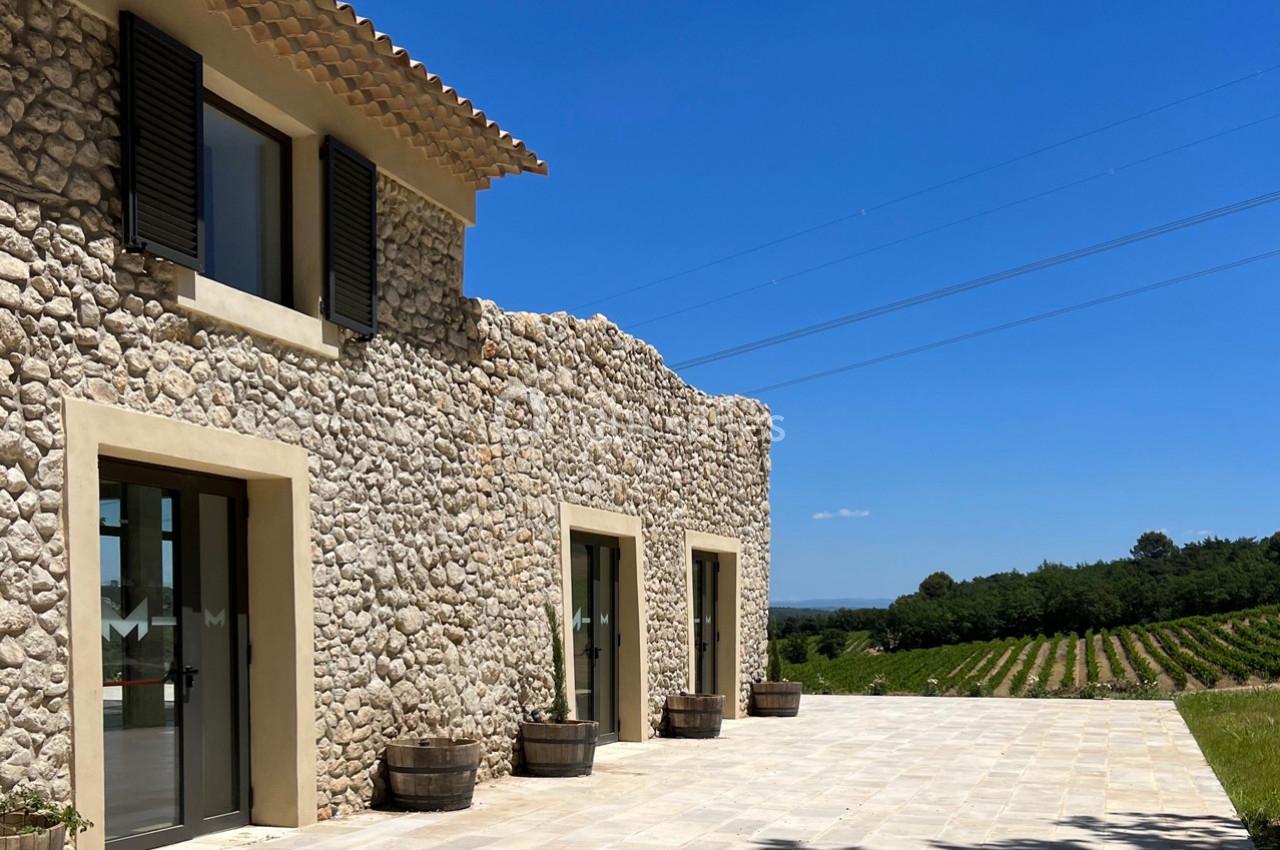 Façade en pierre d'une maison avec terrasse ensoleillée, entourée de vignes et d'un ciel bleu dégagé.