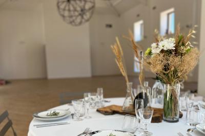 Bouteille de vin rosé entourée de verres vides sur une table en bois, avec une plante en arrière-plan.