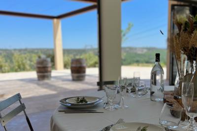 Bouteille de vin rosé entourée de verres vides sur une table en bois, avec une plante en arrière-plan.