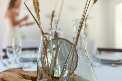 Bouteille de vin rosé entourée de verres vides sur une table en bois, avec une plante en arrière-plan.