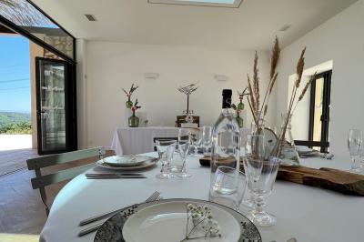 Bouteille de vin rosé entourée de verres vides sur une table en bois, avec une plante en arrière-plan.