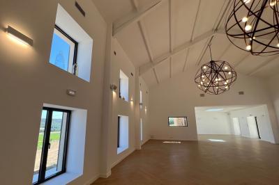 Bouteille de vin rosé entourée de verres vides sur une table en bois, avec une plante en arrière-plan.