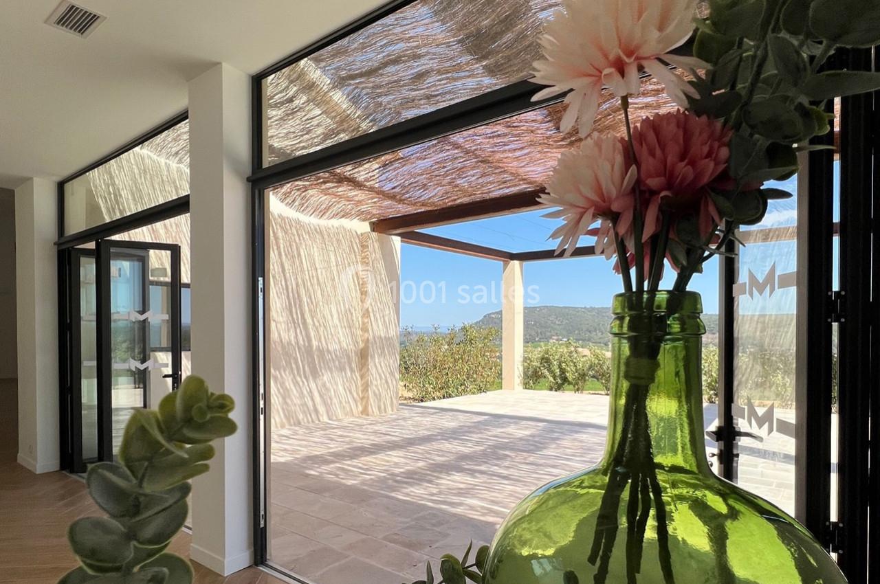 Vue depuis un intérieur moderne sur une terrasse ensoleillée avec pergola, fleurs en vase au premier plan.