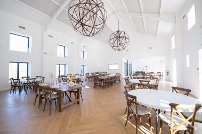 Bouteille de vin rosé entourée de verres vides sur une table en bois, avec une plante en arrière-plan.