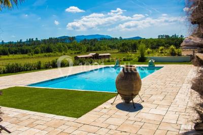 Kiosque en toit de chaume entouré d'arbres, situé dans une cour pavée avec des voiles d'ombrage.