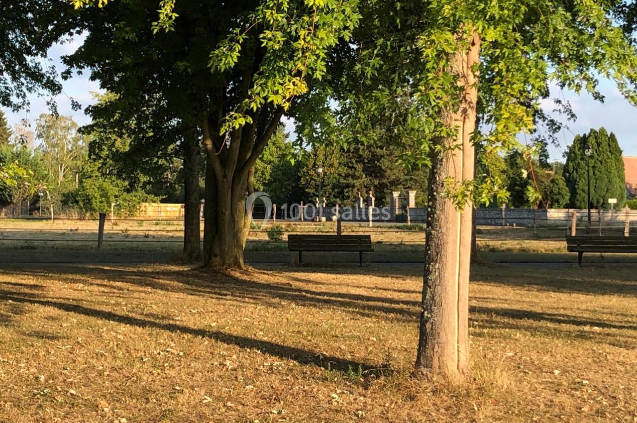 Un parc ensoleillé avec des arbres, un banc en bois et une pelouse partiellement sèche en arrière-plan.