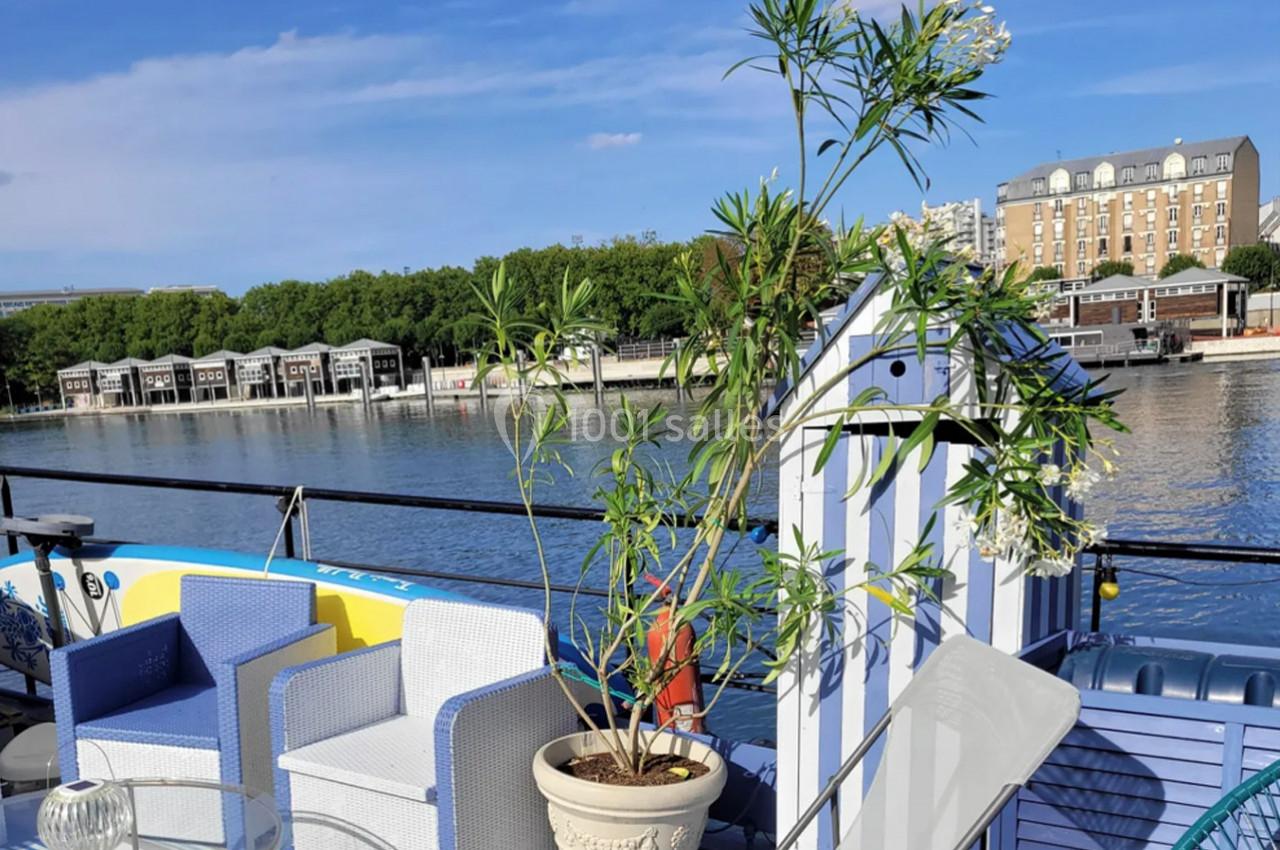 Plante en pot sur une terrasse au bord d'un canal, avec des chaises et des bâtiments en arrière-plan.