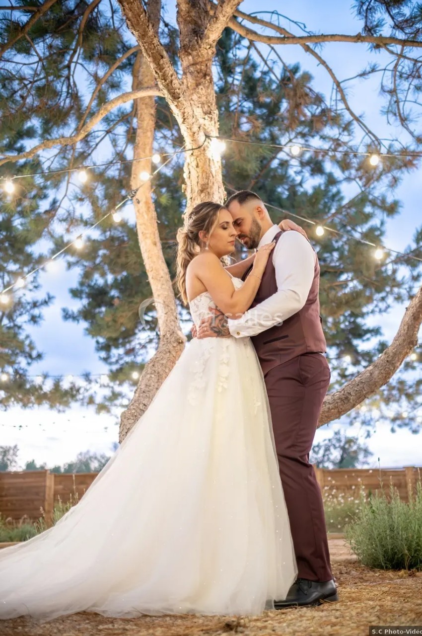 Un couple en tenue de mariage s'enlace sous un arbre décoré de guirlandes lumineuses, en extérieur au crépuscule.