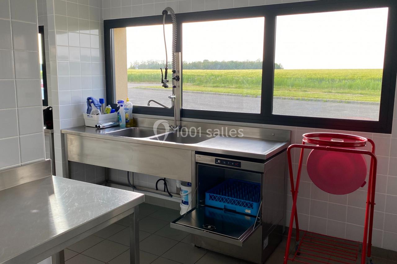 Cuisine professionnelle avec évier en inox, lave-vaisselle ouvert, produits de nettoyage et vue sur un champ par la fenêtre.