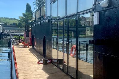 Décoration intérieure avec guirlandes lumineuses, sapin de Noël et vue sur des bâtiments à travers une verrière.
