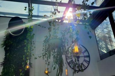 Groupe de personnes réunies dans un bar extérieur animé avec terrasse, palmiers et guirlandes lumineuses.