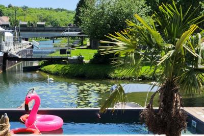 Groupe de personnes réunies dans un bar extérieur animé avec terrasse, palmiers et guirlandes lumineuses.