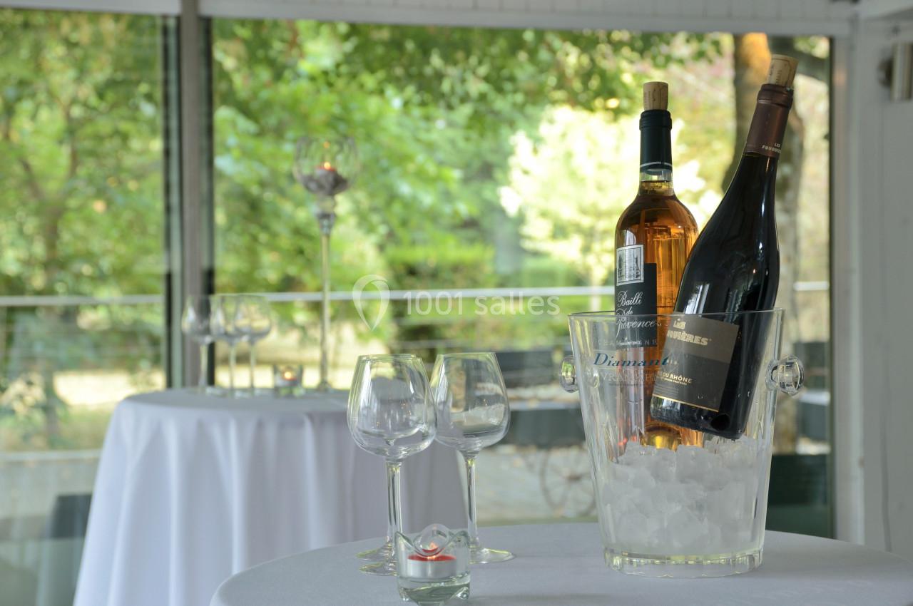Deux bouteilles de vin dans un seau à glace sur une table dressée, avec des verres et un fond de jardin flou.