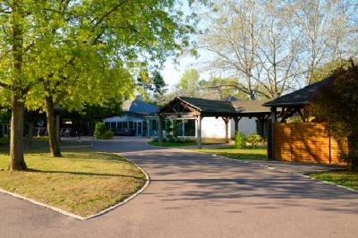 Allée pavée bordée d'arbres et de bâtiments en bois dans un cadre verdoyant sous un ciel dégagé.
