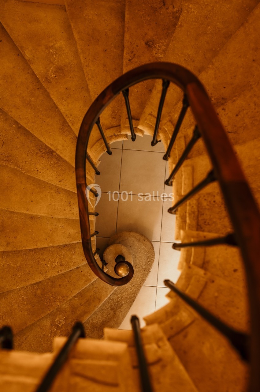 Escalier en colimaçon en pierre vu de haut, avec une rampe en bois et des barreaux métalliques.