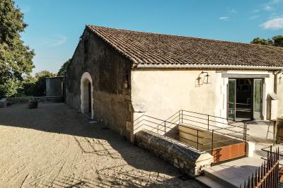 Personnes assises à des tables en plein air dans un jardin, entourées de verdure et de guirlandes lumineuses suspendues.