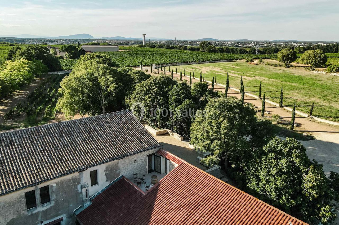 Vue aérienne d'une propriété avec toits en tuiles, entourée de vignes, d'arbres et d'allées bordées de cyprès.