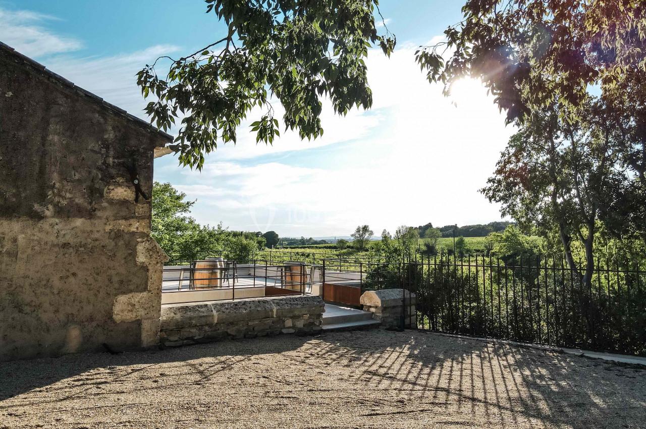 Terrasse ensoleillée avec vue sur un paysage verdoyant, entourée d'arbres et d'une balustrade en métal.