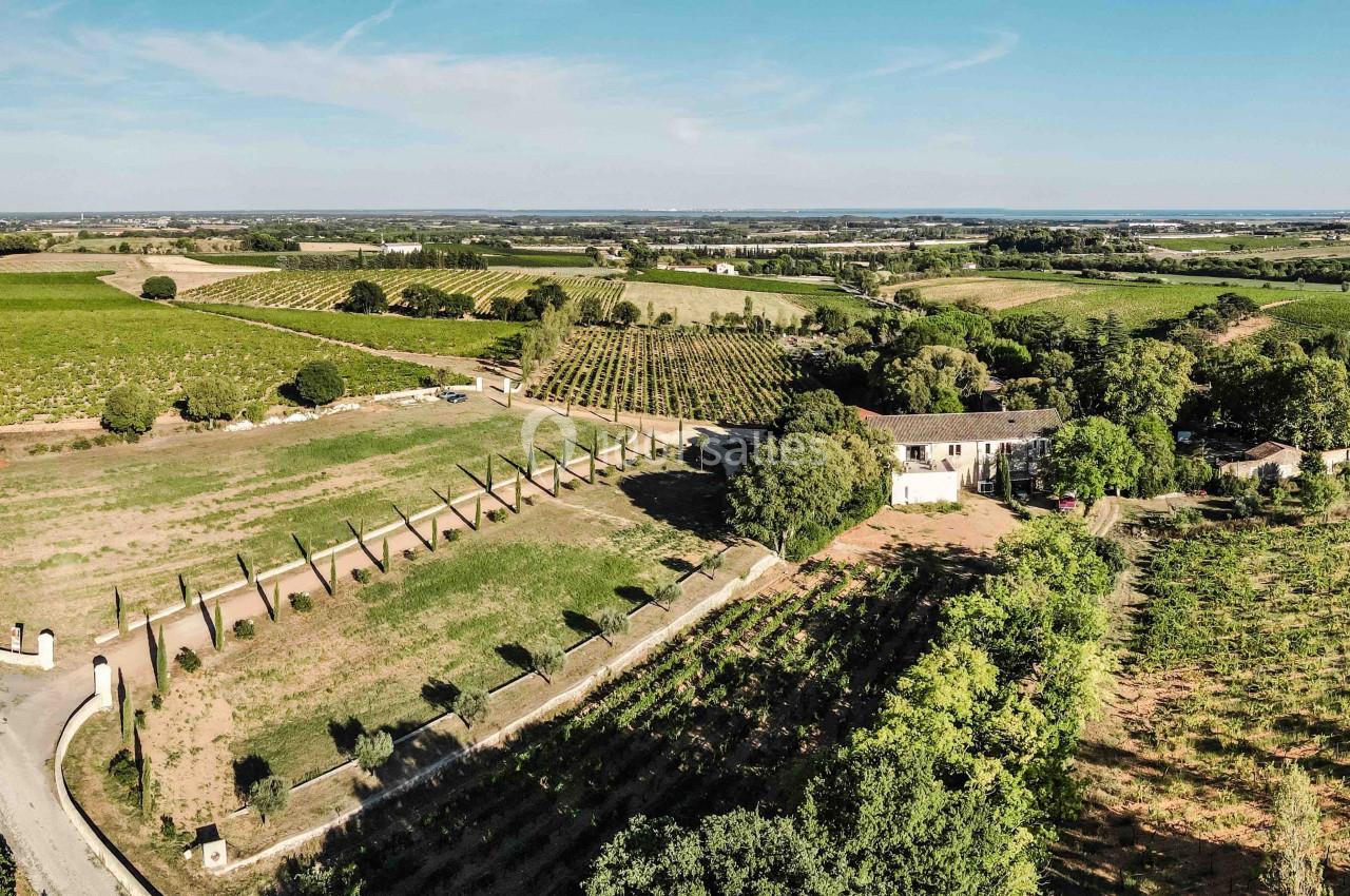 Vue aérienne d'un domaine viticole entouré de vignes et de champs sous un ciel dégagé.