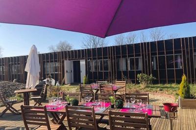 Table dressée en extérieur avec nappes blanches, fleurs en centre de table, parasols roses et verdure en arrière-plan.