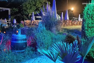 Table dressée en extérieur avec nappes blanches, fleurs en centre de table, parasols roses et verdure en arrière-plan.