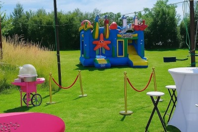 Gâteau rectangulaire décoré de fruits rouges et de cœurs en sucre, posé sur une table en bois.