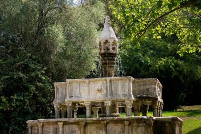 Jardin éclairé de nuit avec piscine, terrasse en pierre et bâtiments entourés de végétation.