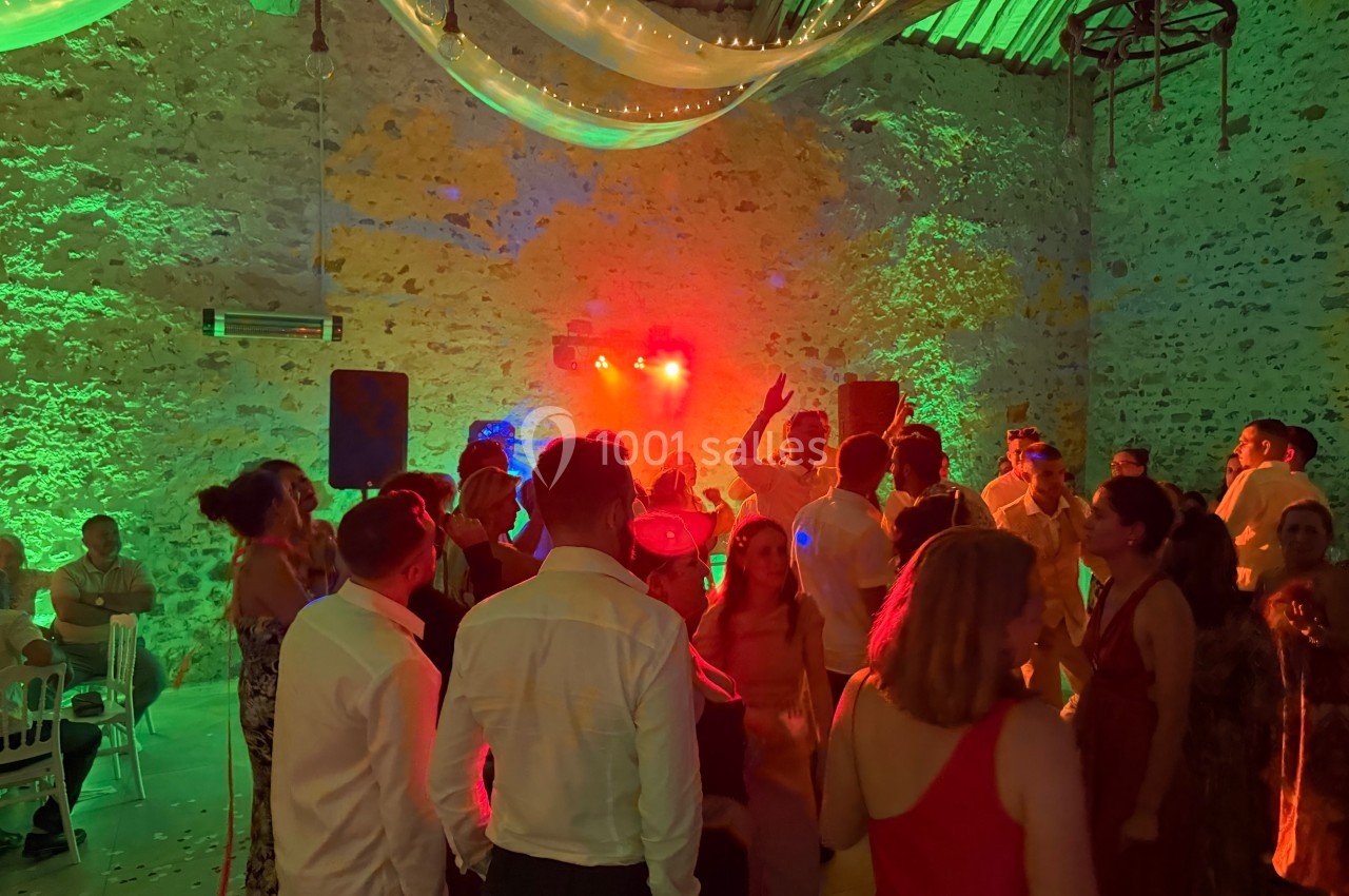 Groupe de personnes dansant sous des lumières colorées dans une salle en pierre avec un plafond en poutres apparentes.