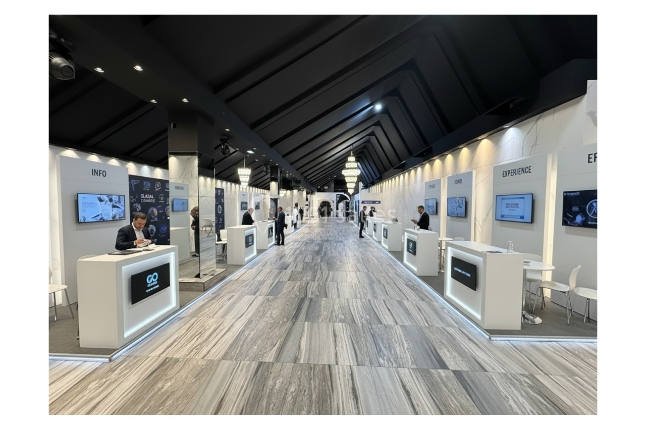 Location salle Bobigny (Seine-Saint-Denis) - Ritz Plazza #2 Vue d'un hall d'exposition moderne avec des stands alignés des deux côtés et un éclairage lumineux.