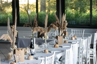 Vue aérienne d'une vallée verdoyante avec des collines, des villages et un ciel partiellement nuageux à l'horizon.