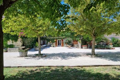 Portail en bois décoré de plantes grimpantes, donnant sur une cour ensoleillée bordée d'arbres et de végétation.