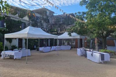 Portail en bois décoré de plantes grimpantes, donnant sur une cour ensoleillée bordée d'arbres et de végétation.