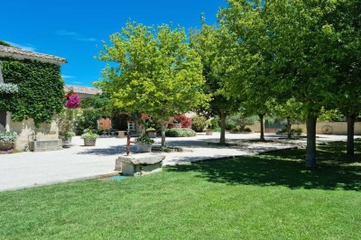 Bâtisse en pierre recouverte de lierre, entourée d'une cour gravillonnée et d'une pelouse sous un ciel bleu.