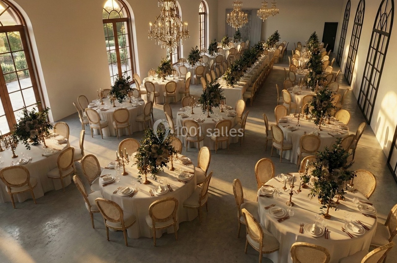 Salle de réception élégante avec tables rondes décorées de fleurs et chaises en bois clair, éclairée par des lustres.