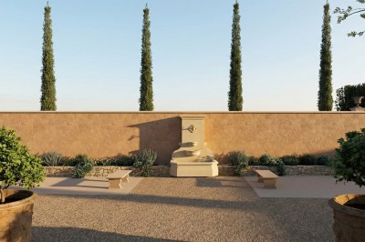 Miniature Location salle Monteux (Vaucluse) - Domaine de Beauregard #14 Plan aquarellé d'un domaine avec jardin structuré, piscine, bâtiments en tuiles et espaces verts environnants.