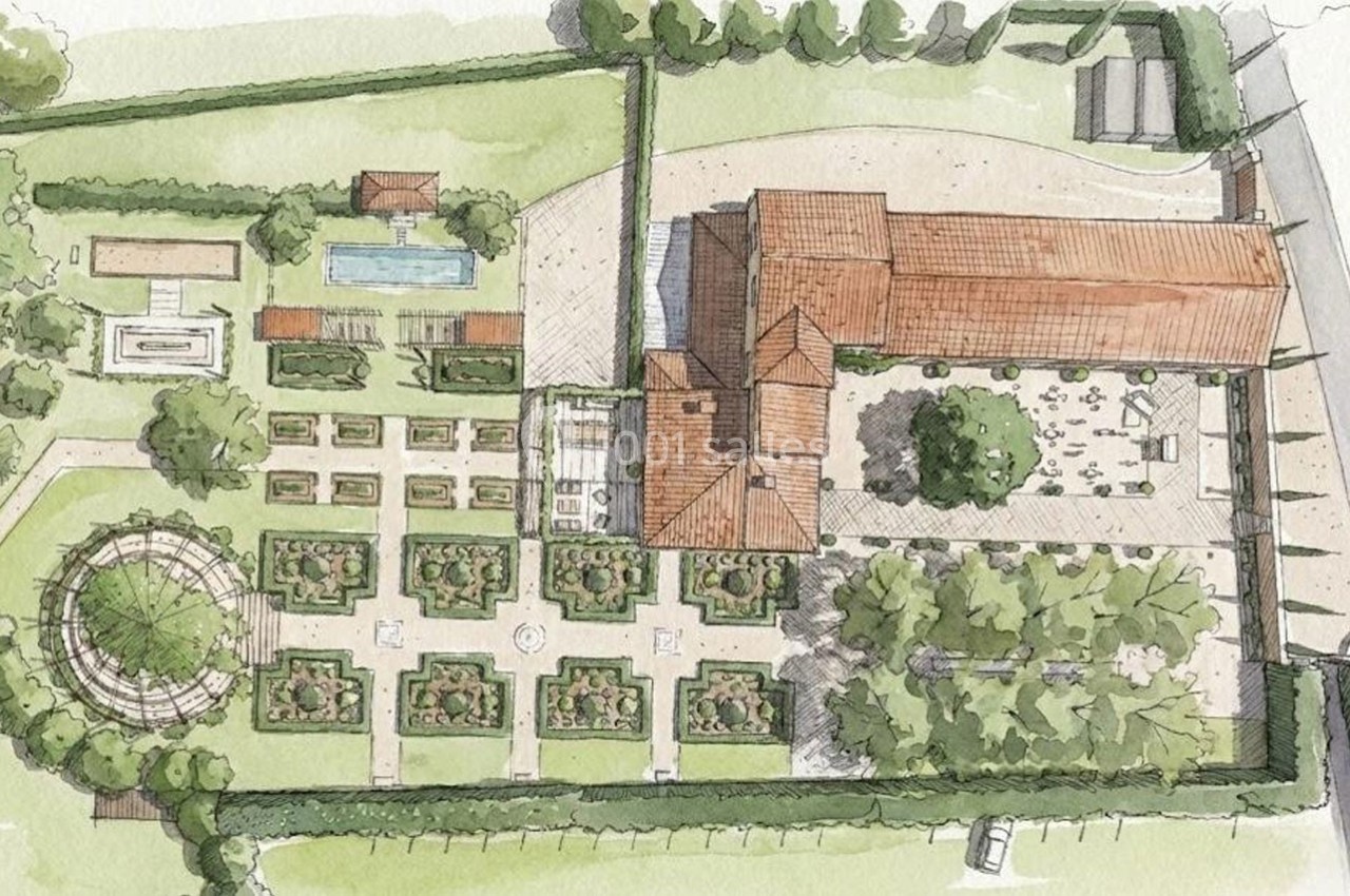Plan aquarellé d'un domaine avec jardin structuré, piscine, bâtiments en tuiles et espaces verts environnants.