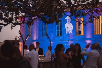 Vue aérienne d'un domaine viticole entouré de vignes, avec un fleuve visible à l'horizon.