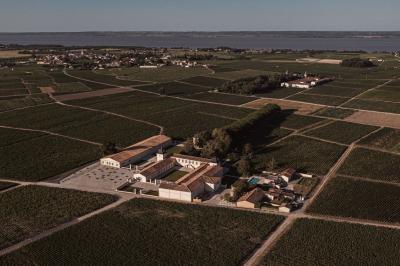 Vue aérienne d'un domaine viticole entouré de vignes, avec un plan d'eau visible à l'horizon.