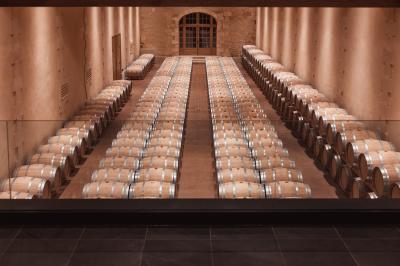 Vue aérienne d'un domaine viticole entouré de vignes, avec un plan d'eau visible à l'horizon.