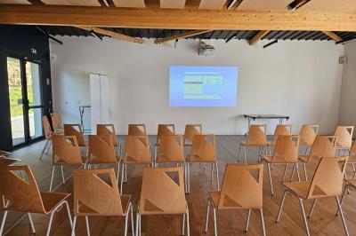 Kitchenette équipée avec évier, plaques de cuisson, bouilloire et vue sur une chambre avec lit double et parquet.