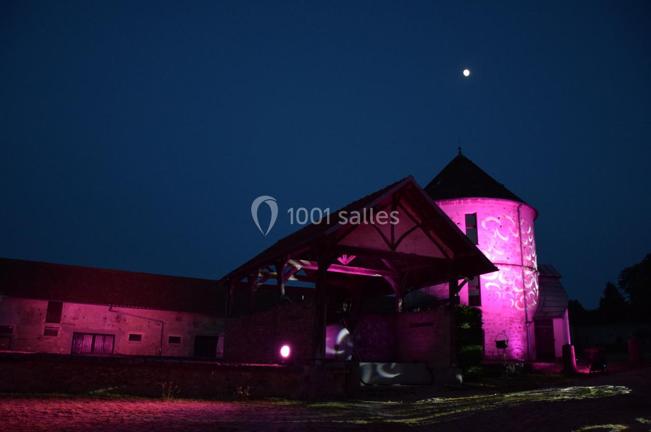 Bâtiment ancien éclairé par des lumières roses sous un ciel nocturne avec une lune visible.