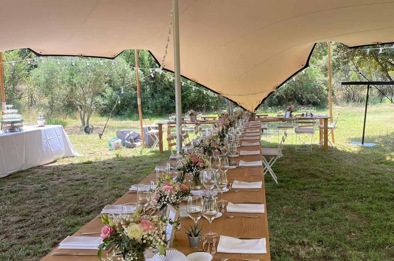 Tables en bois décorées de fleurs et de vaisselle sous une tente blanche dans un cadre extérieur verdoyant.
