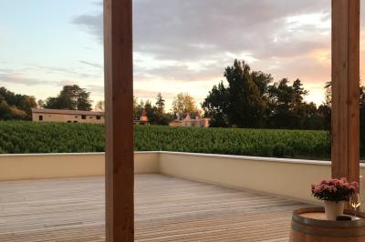 Quatre personnes regardent un coucher de soleil aux teintes orange et violet depuis une terrasse surplombant des vignes.