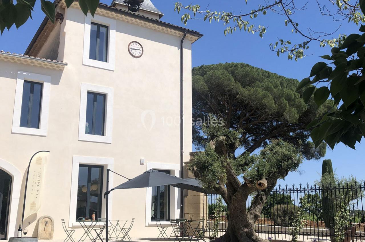Façade d'un bâtiment clair avec une terrasse aménagée, un grand arbre et un ciel bleu en arrière-plan.