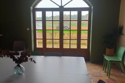 Façade d'un bâtiment clair avec une terrasse aménagée, un grand arbre et un ciel bleu en arrière-plan.