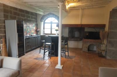 Façade d'un bâtiment clair avec une terrasse aménagée, un grand arbre et un ciel bleu en arrière-plan.