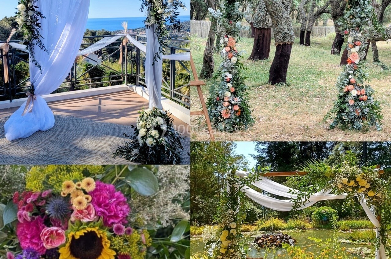 Quatre arches de mariage décorées de fleurs variées dans des environnements naturels distincts.