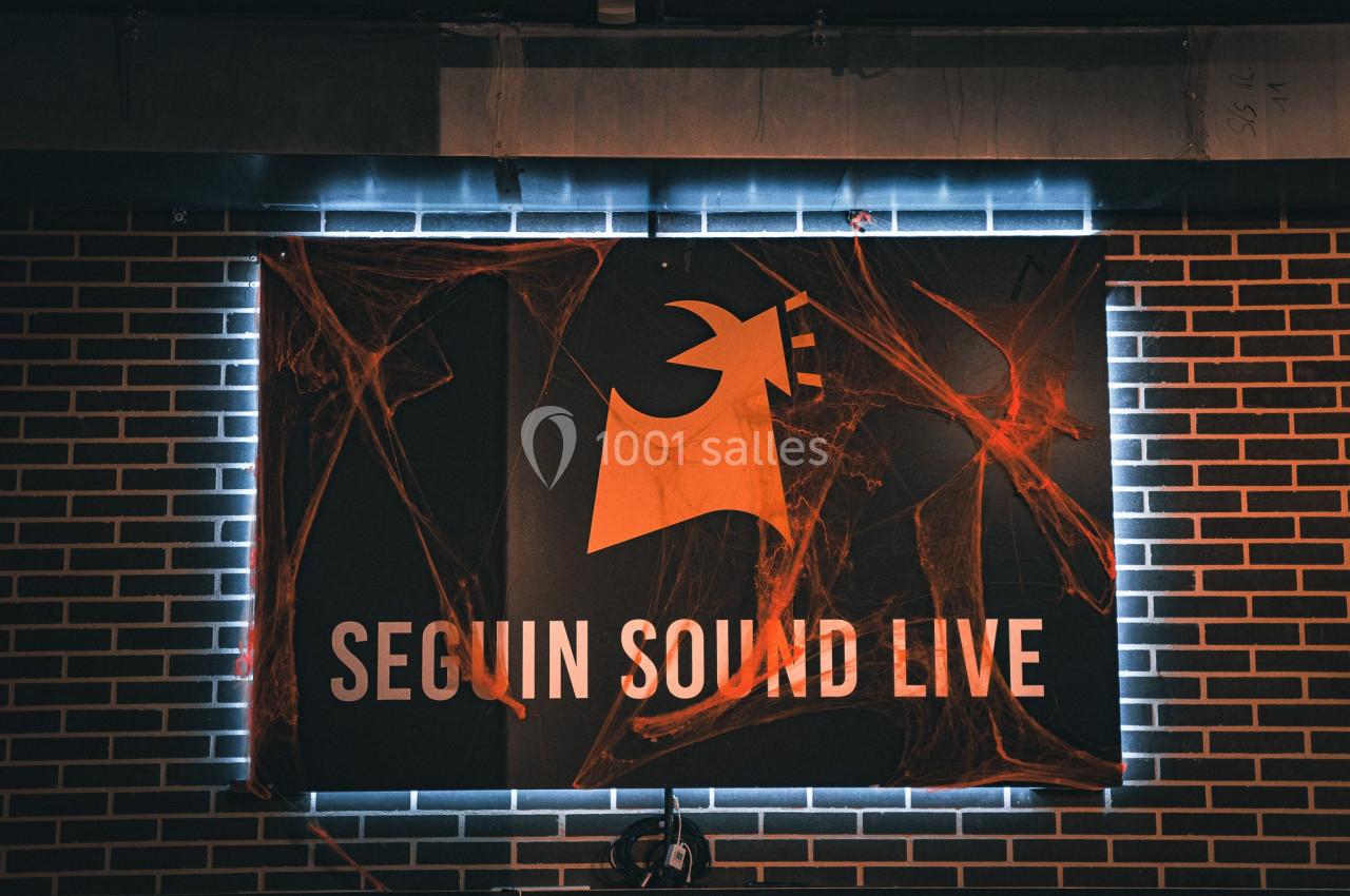 Panneau lumineux ’Seguin Sound Live’ sur un mur de briques, décoré de toiles d'araignée.