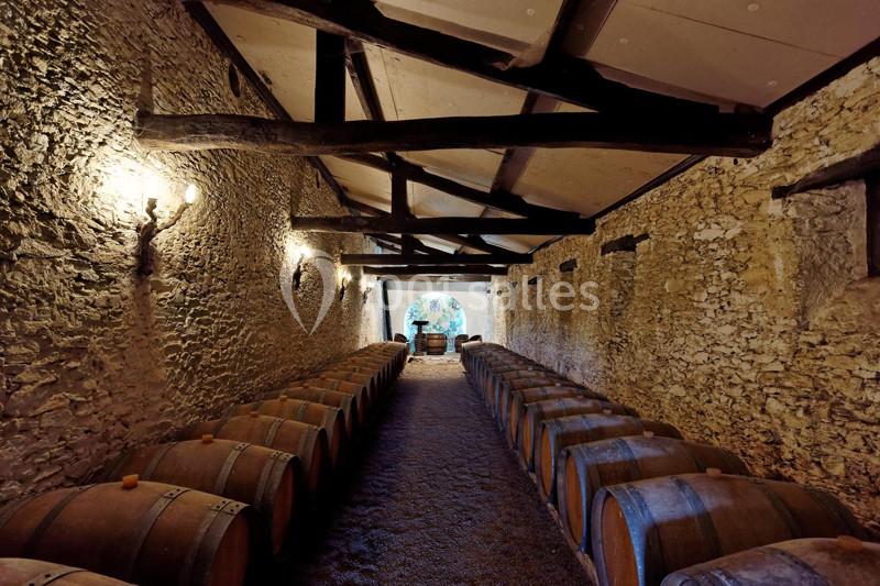 Salle voûtée en pierre avec des rangées de tonneaux en bois alignés sur un sol gravillonné.
