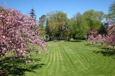 Chambre lumineuse avec lit double, fauteuils, cheminée, meubles anciens et mur décoré de motifs floraux.